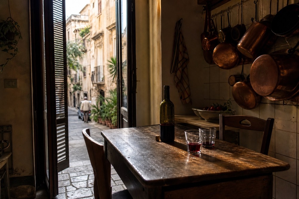 Rustic Sicilian kitchen with copper pots, a bottle of red wine and a wooden table set for a meal