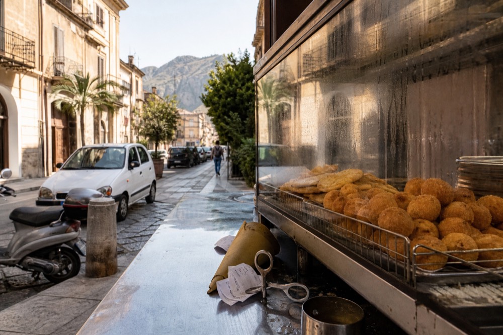 Fried chickpea fritters and potato croquettes stacked in a Palermo fry shop display