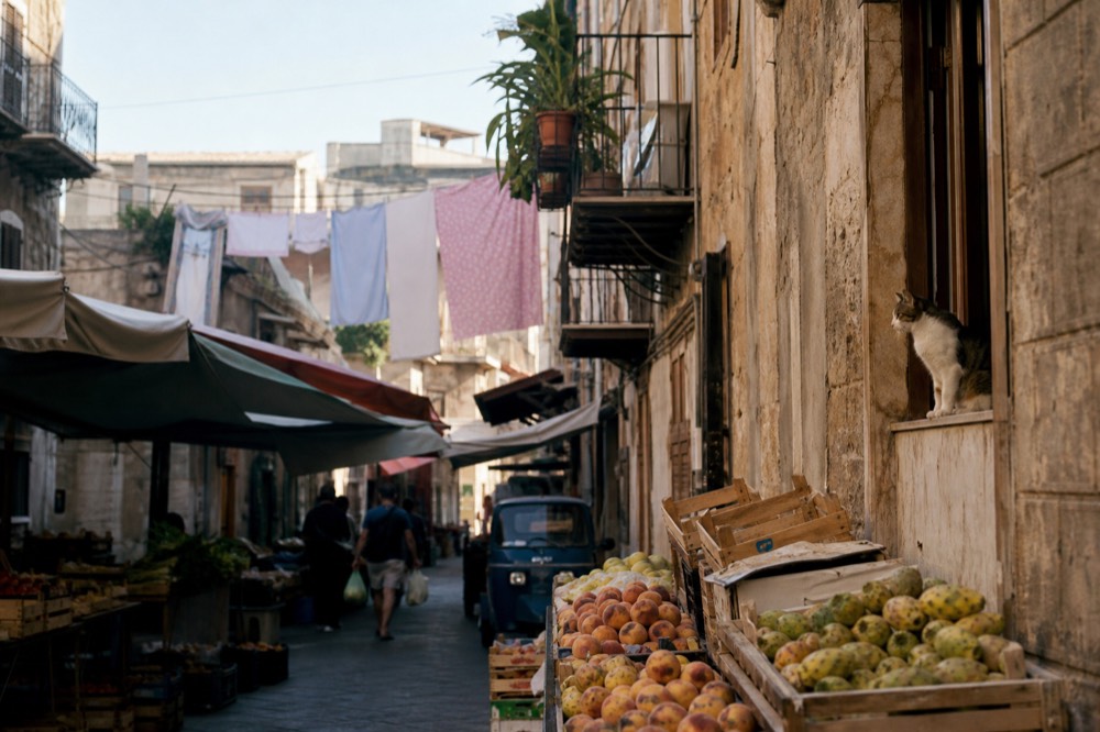 A Palermo market alley with canvas awnings, stacked fruit crates and hanging laundry above