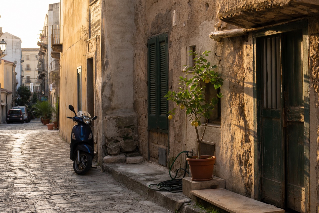 A quiet Palermo alley at golden hour with warm light on old stone facades