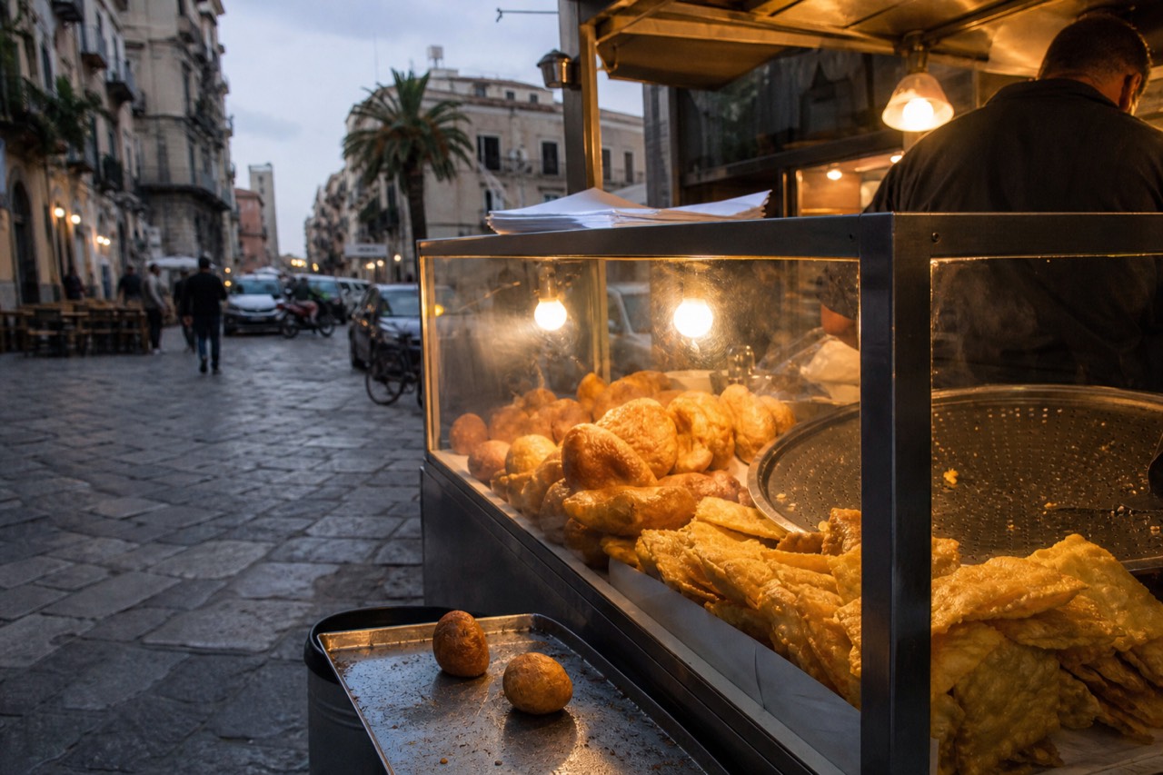 A food stall counter in Palermo with fried snacks displayed under warm light