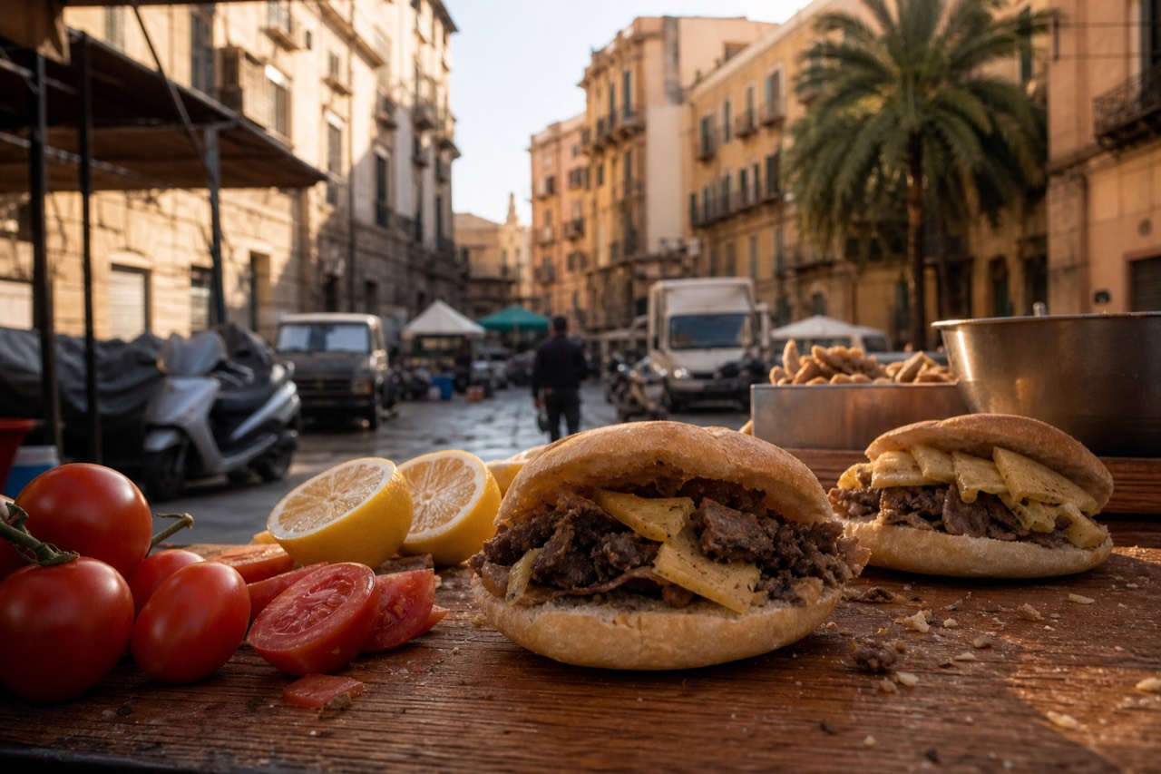 A selection of Italian sandwiches including panelle, pane ca meusa, and piadina displayed on a wooden board with fresh ingredients.