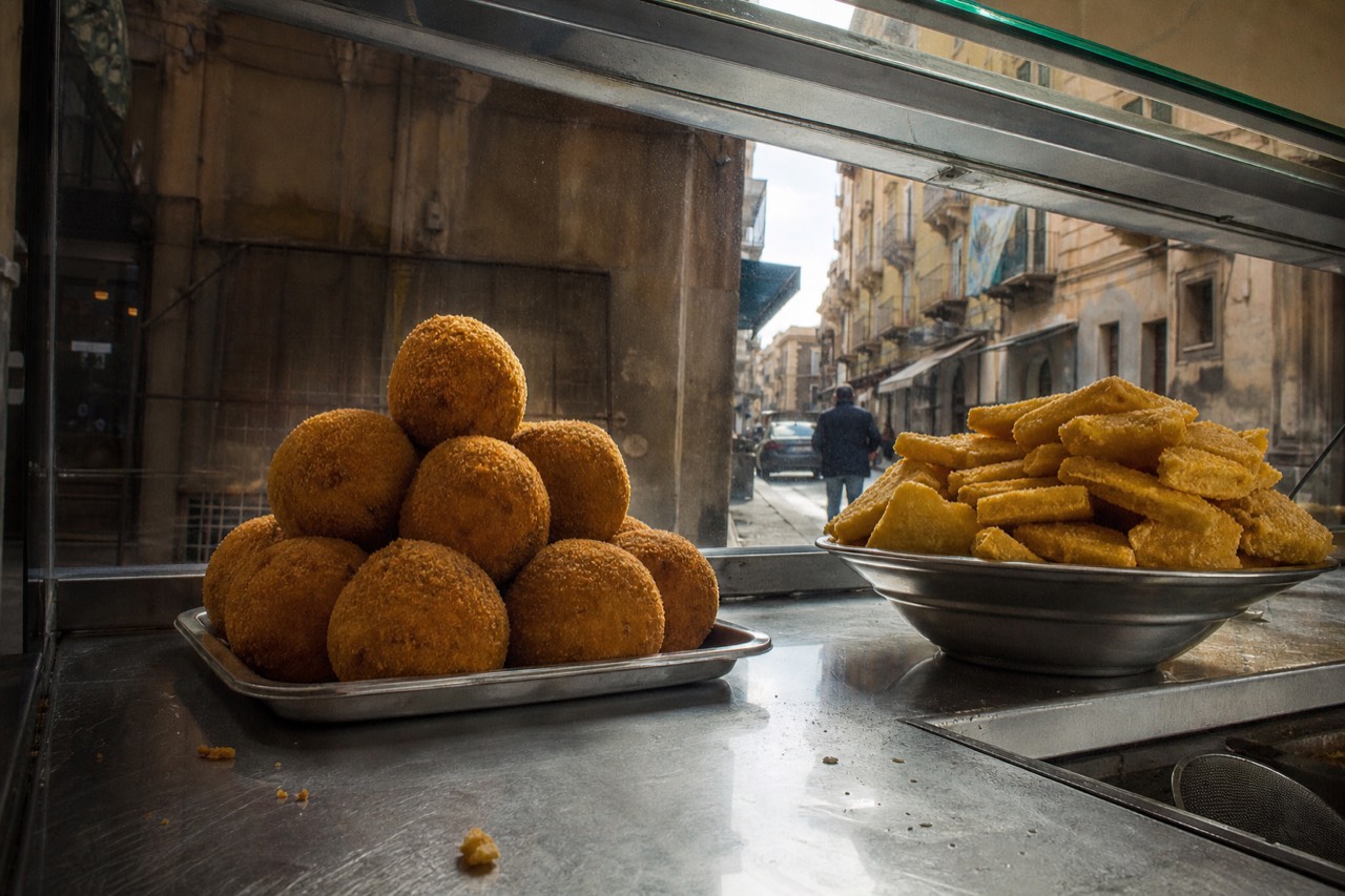 Fried Sicilian arancine and panelle stacked in a friggitoria display case