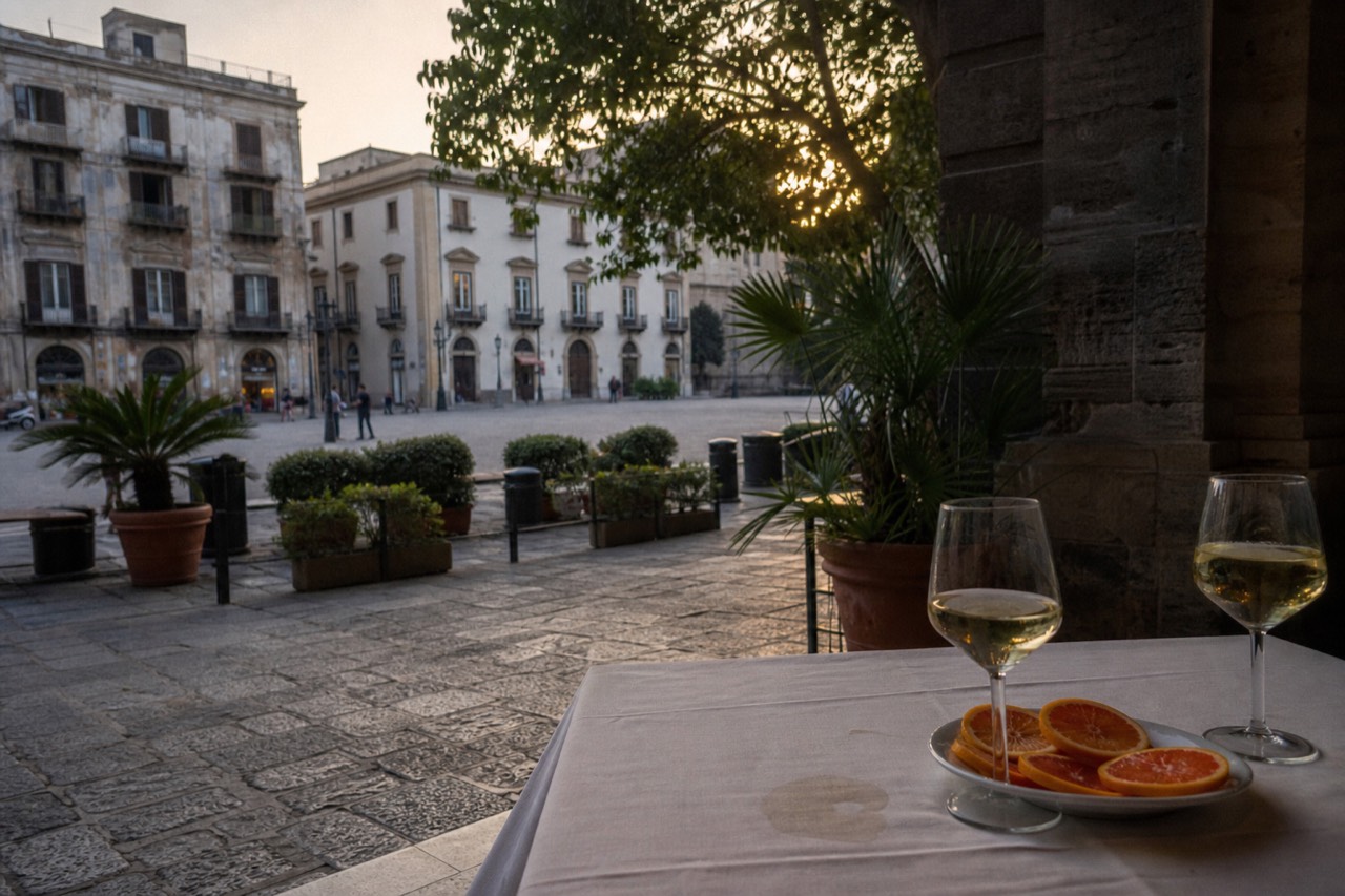 Restaurant table with white tablecloth, wine glasses and a plate of fresh Sicilian citrus