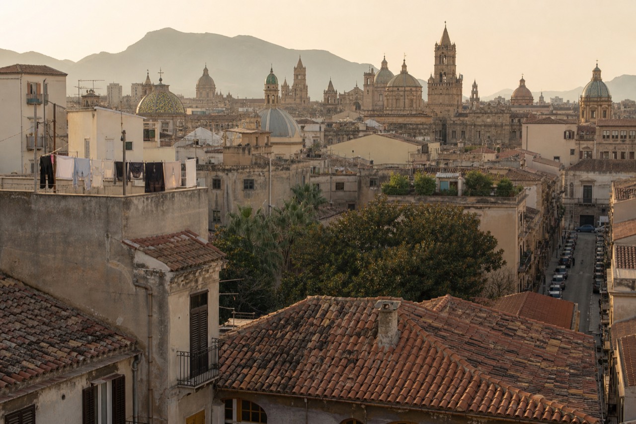 Rooftops and church domes of a Sicilian city under warm evening light