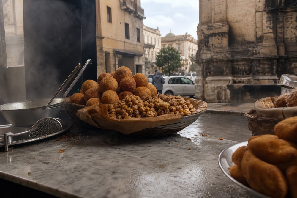 Golden fried arancine and chickpea fritters in a paper-lined basket on a marble counter