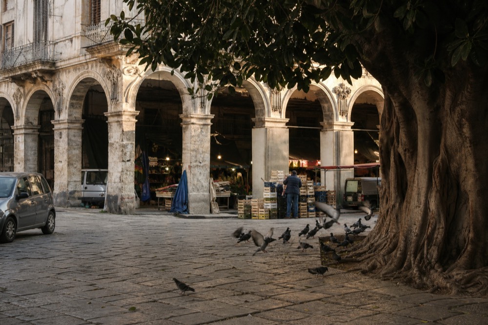 Historic market square with stone porticoes and stalls in Palermo