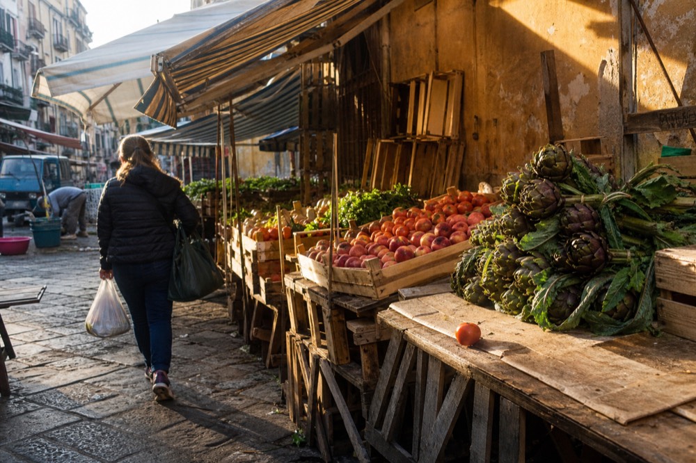 Fresh produce and street food stalls inside Palermo's Ballarò market