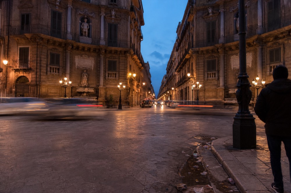 The Quattro Canti intersection in Palermo's historic centre at dusk