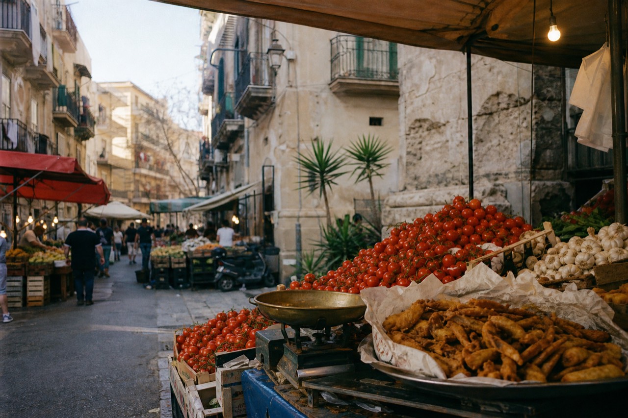 A bustling Palermo market stall with fresh produce and street food on display