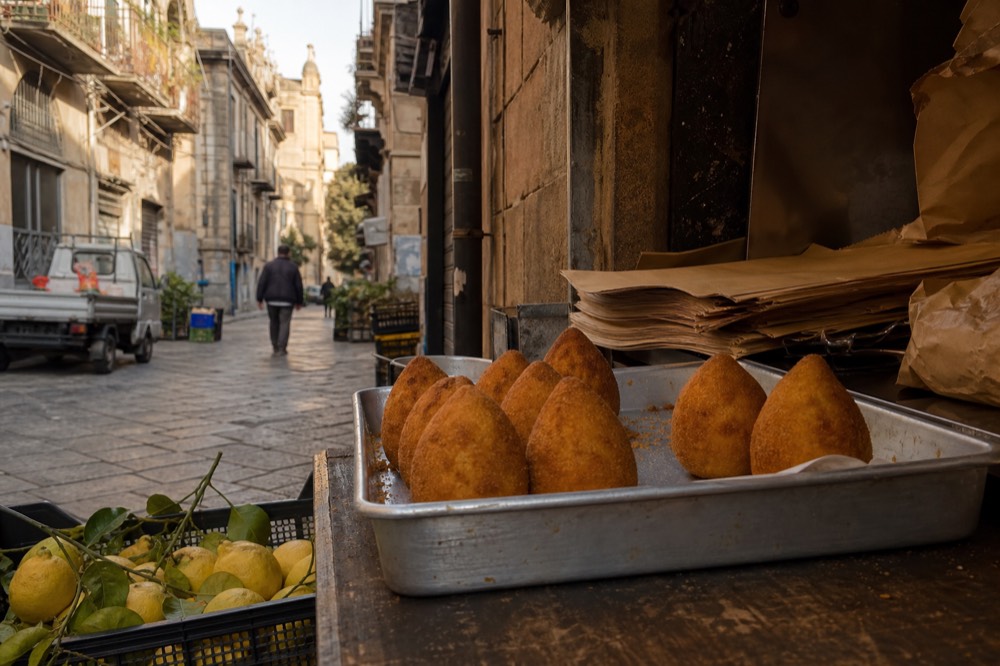 A tray of golden fried rice balls beside paper wrappers on a bakery display