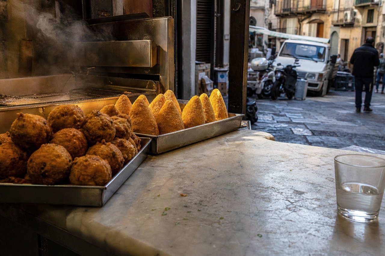 Chickpea fritters and fried rice balls on a market counter in Palermo