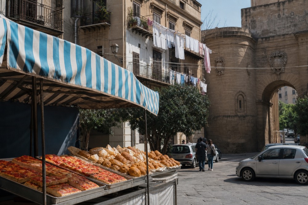 A market stall in Palermo with trays of fried snacks and paper wrappers