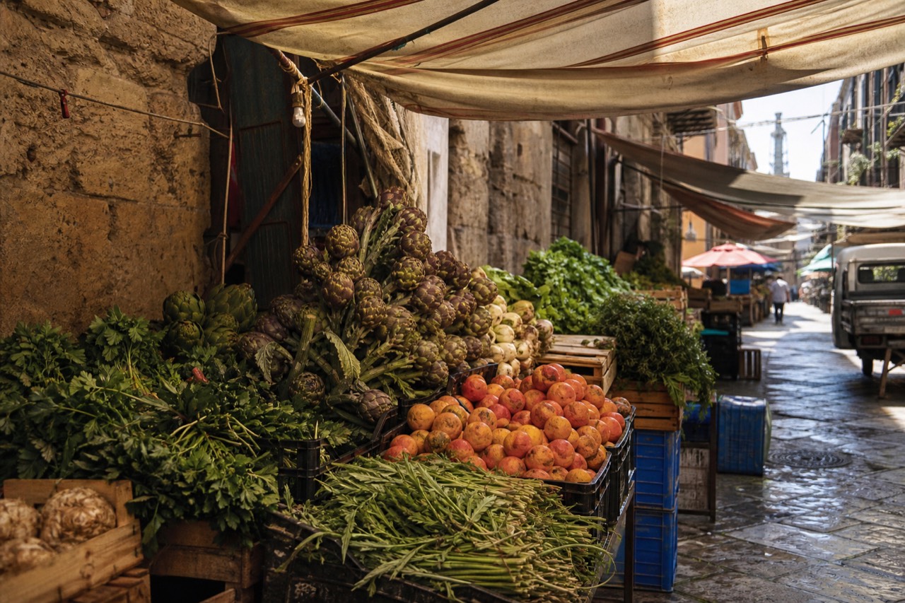 A Sicilian market stall piled with artichokes, oranges and fresh herbs under canvas awnings