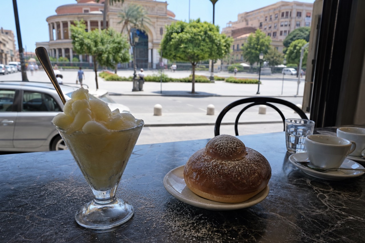 A Palermo bar counter with granita and a brioche on a saucer.